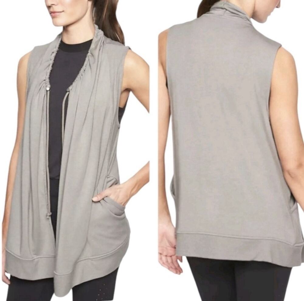 New Athleta Mindset Vest Open Front Cardigan Beige Pockets Women’s Size XS